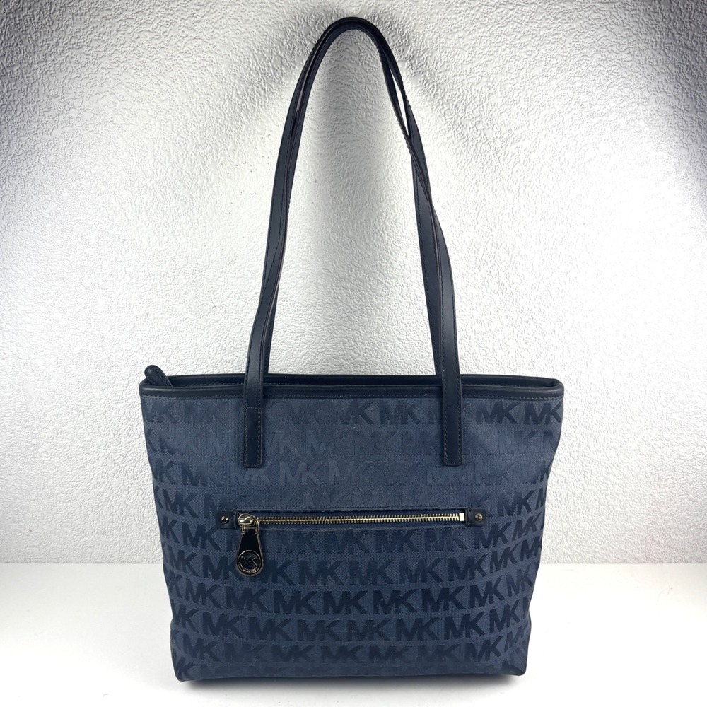 Michael Kors Tote Bag Womens Large Navy Blue Jacquard Monogram Shoulder Bag